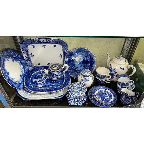 416 - ASSORTED 19TH CENTURY AND LATER BLUE AND WHITE PRINTED MEAT PATES, CUPS AND SAUCERS AND JUGS