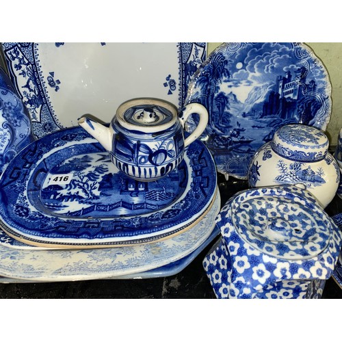 416 - ASSORTED 19TH CENTURY AND LATER BLUE AND WHITE PRINTED MEAT PATES, CUPS AND SAUCERS AND JUGS