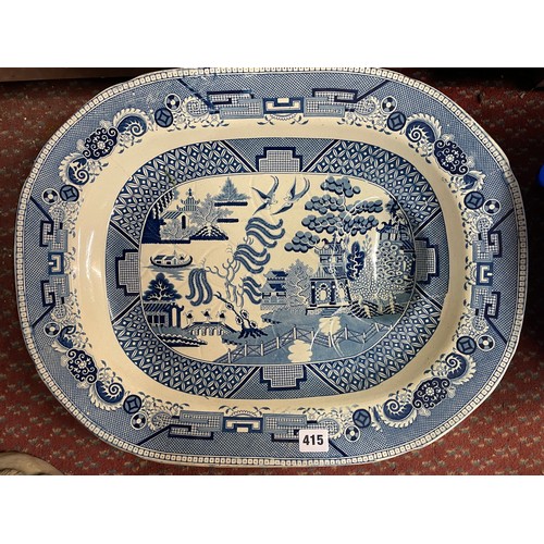 415 - 19TH CENTURY BLUE AND WITE TRANSFER PRINTED WARE MEAT PLATTER