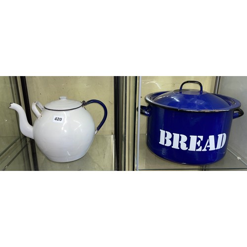 420 - BLUE ENAMEL CIRCULAR BREAD BIN AND WHITE ENAMEL GLOBULAR KETTLE