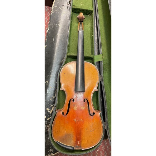 673 - CASED VIOLIN A/F NO STRINGS, PEGS OR BOW