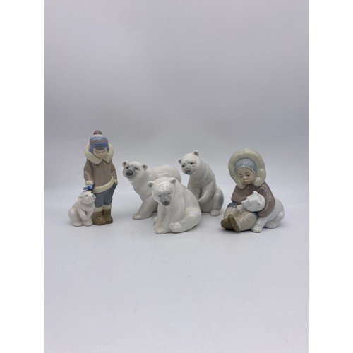 453 - THREE LLADRO POLAR BEAR FIGURE GROUPS AND TWO ESKIMO WITH POLAR CUB FIGURES