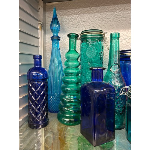 490 - COLOURED PRESSED GLASSWARE GENIE BOTTLES AND CONTAINERS