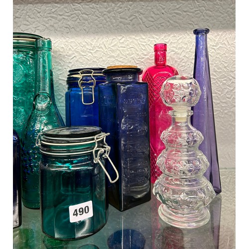 490 - COLOURED PRESSED GLASSWARE GENIE BOTTLES AND CONTAINERS