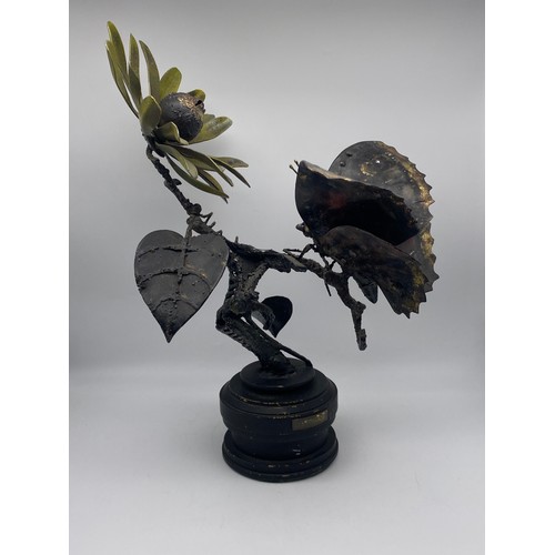 467 - BRONZE METAL WORK PAINTED SCULPTURE OF BUTTERFLY AND FLOWER WITH PLAQUE SIGNED GEOFFREY D.FRESLE