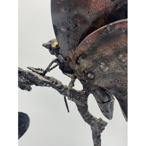 467 - BRONZE METAL WORK PAINTED SCULPTURE OF BUTTERFLY AND FLOWER WITH PLAQUE SIGNED GEOFFREY D.FRESLE