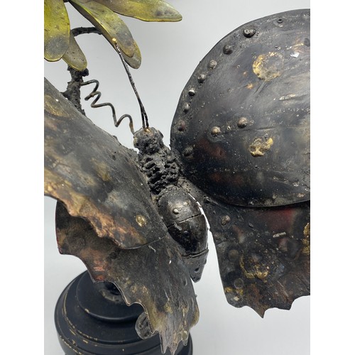 467 - BRONZE METAL WORK PAINTED SCULPTURE OF BUTTERFLY AND FLOWER WITH PLAQUE SIGNED GEOFFREY D.FRESLE