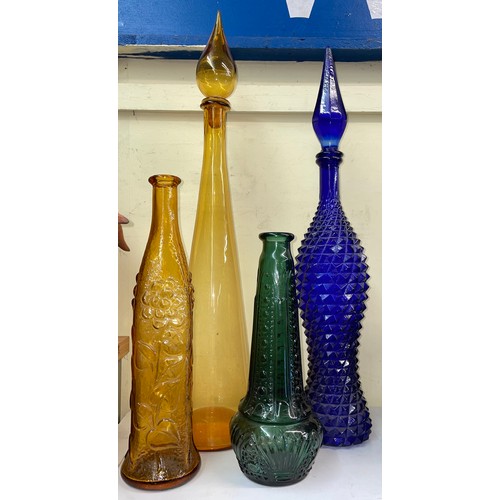 428 - AMBER GLASS GENIE BOTTLE, BRISTOL BLUE HOBNAIL GENIE BOTTLE AND TWO OTHERS