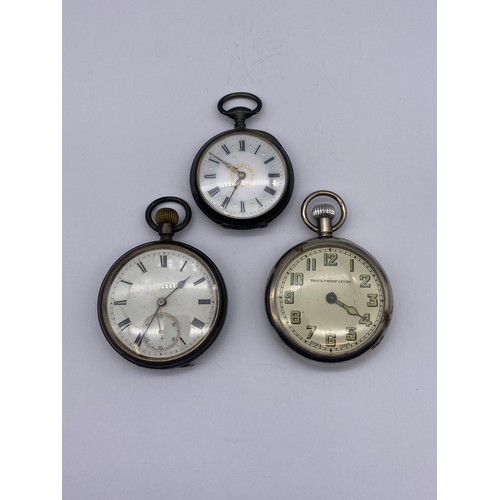 698 - BIRMINGHAM SILVER CASED POCKET WATCH, CONTINENTAL WHITE METAL CASED FOB WATCH AND BASE METAL LEVER W... 