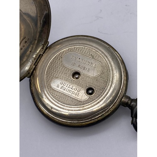 698 - BIRMINGHAM SILVER CASED POCKET WATCH, CONTINENTAL WHITE METAL CASED FOB WATCH AND BASE METAL LEVER W... 