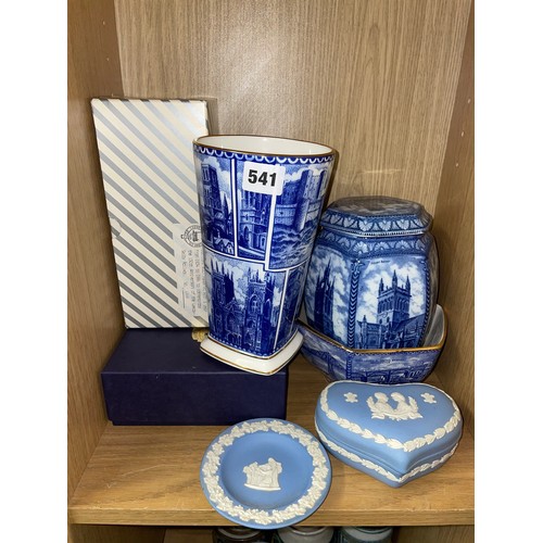 541 - RINGTONS BLUE AND WHITE LANDMARKS VASE, HEXAGONAL PANELS TEA CANNISTER AND BOWL AND SOME WEDGWOOD TR... 