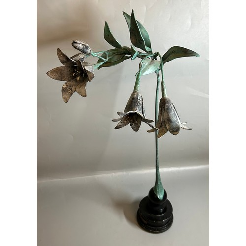 466 - BRONZE METAL WORK PAINTED SCULPTURE OF BUDDING FLOWERS WITH PLAQUE SIGNED GEOFFREY D.FRESLE