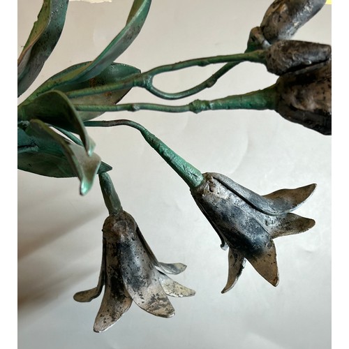 466 - BRONZE METAL WORK PAINTED SCULPTURE OF BUDDING FLOWERS WITH PLAQUE SIGNED GEOFFREY D.FRESLE