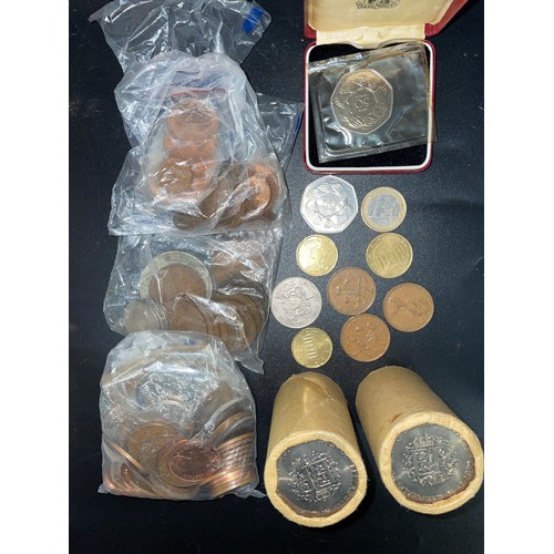 754 - SELECTION OF PRE DECIMAL COINS, TWO STACKS OF 50 PENCE PIECES, AND A PROOF 1973 50 PENCE PIECE