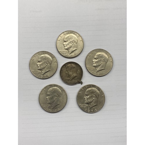 758 - FIVE US ONE DOLLAR COINS AND A HALF DOLLAR PENDANT