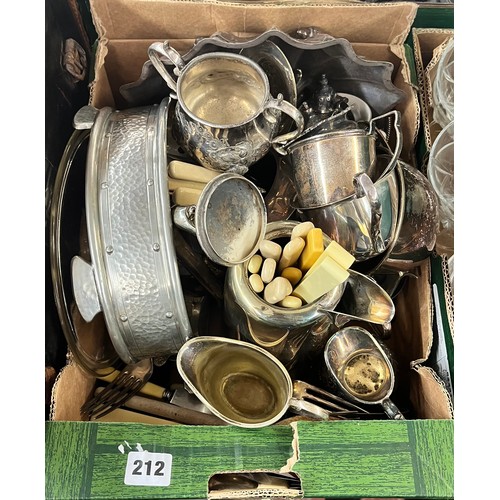 212 - CARTON - EPNS WARES, HOTEL PLATE, CRUETS, BOWL, VARIOUS PLATED FLATWARE