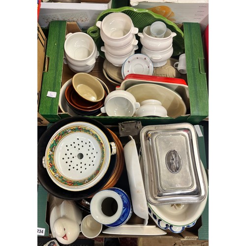 234 - TWO CARTONS OF KITCHEN WARE INCLUDING 
LE CREUSET DISH, ROYAL WORCESTER AND DENBY WARE.