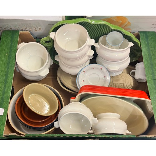 234 - TWO CARTONS OF KITCHEN WARE INCLUDING 
LE CREUSET DISH, ROYAL WORCESTER AND DENBY WARE.