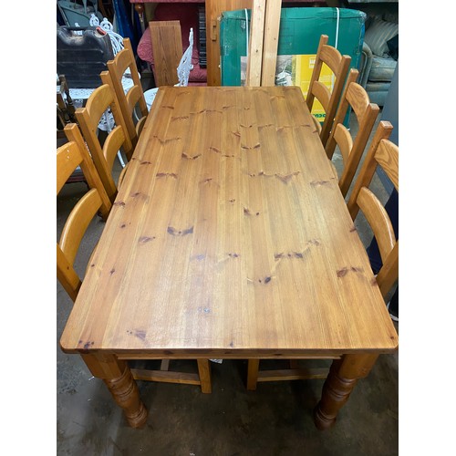 105 - VICTORIAN STYLE PINE FARMHOUSE KITCHEN TABLE WITH SIX STURDY LADDER BACK CHAIRS