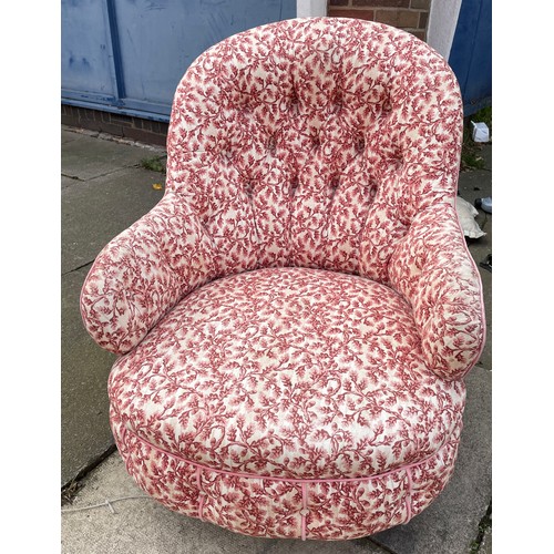 173 - VICTORIAN ACORN AND LEAF UPHOLSTERED BUTTON BACK LOW ARMCHAIR