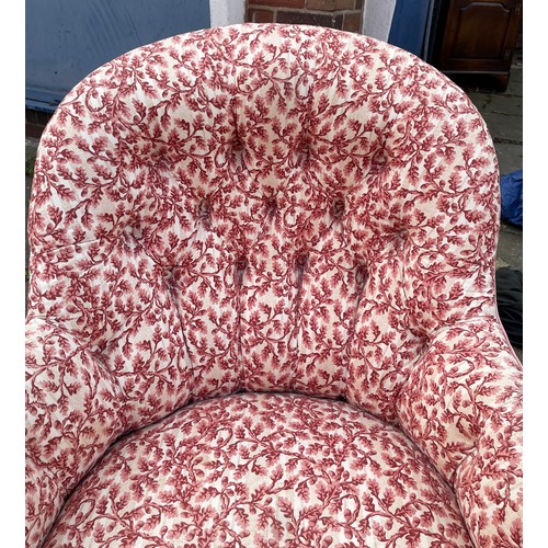 173 - VICTORIAN ACORN AND LEAF UPHOLSTERED BUTTON BACK LOW ARMCHAIR