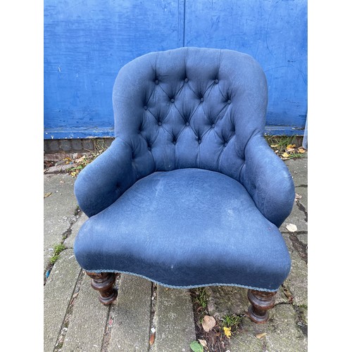 172 - VICTORIAN NAVY BLUE BUTTON BACKED BROCADE ARMCHAIR