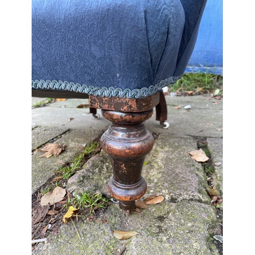 172 - VICTORIAN NAVY BLUE BUTTON BACKED BROCADE ARMCHAIR