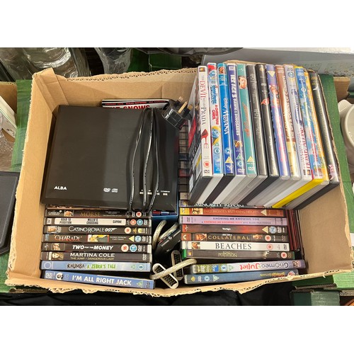 215 - ALBA DVD PLAYER AND ASSORTED DVDS, CARTON OF MUSIC CDS, STORAGE ZIPPER PACKS