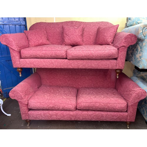 93 - RED FLORAL BROCADE CAMEL BACKED VICTORIAN STYLE SOFAS WITH SCATTER CUSHION'S