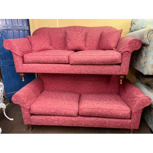 93 - RED FLORAL BROCADE CAMEL BACKED VICTORIAN STYLE SOFAS WITH SCATTER CUSHION'S