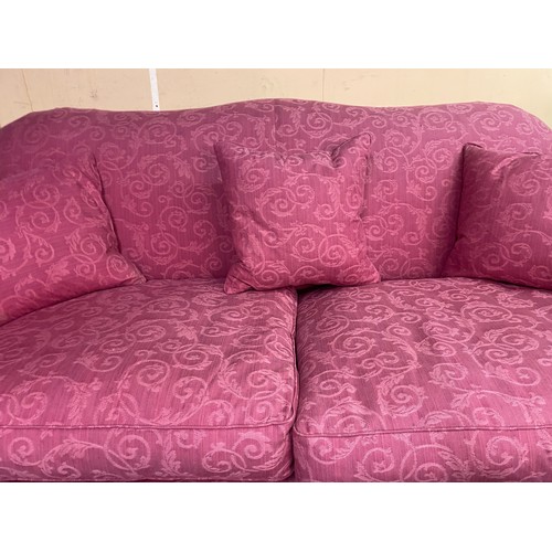 93 - RED FLORAL BROCADE CAMEL BACKED VICTORIAN STYLE SOFAS WITH SCATTER CUSHION'S