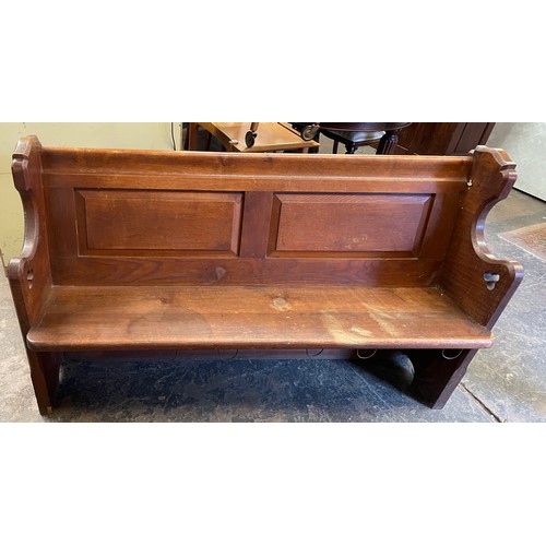 177 - OAK PANEL BACK CARVED FLEUR DE LYS AND TREFOIL CHURCH PEW