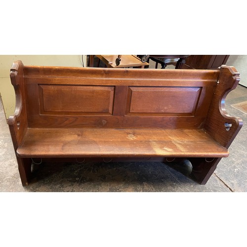 177 - OAK PANEL BACK CARVED FLEUR DE LYS AND TREFOIL CHURCH PEW