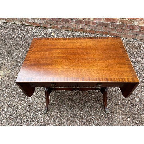 3 - REPRODUCTION REGENCY STYLE MAHOGANY CROSS BANDED SOFA TABLE