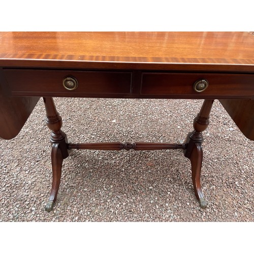 3 - REPRODUCTION REGENCY STYLE MAHOGANY CROSS BANDED SOFA TABLE