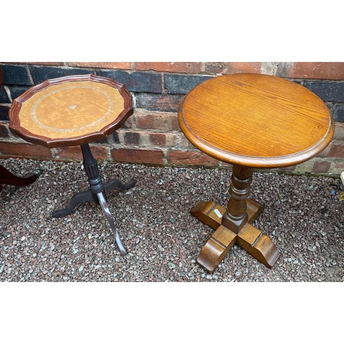 71 - OLD CHARM OAK TUDOR CROSS BASE PEDESTAL TABLE AND REPRODUCTION WINE TABLE