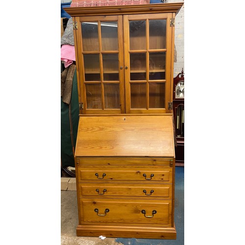 69 - PINE ASTRAGAL GLAZED BUREAU BOOKCASE WITH GREEN LEATHER BACKED FALL FLAP