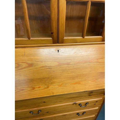 69 - PINE ASTRAGAL GLAZED BUREAU BOOKCASE WITH GREEN LEATHER BACKED FALL FLAP