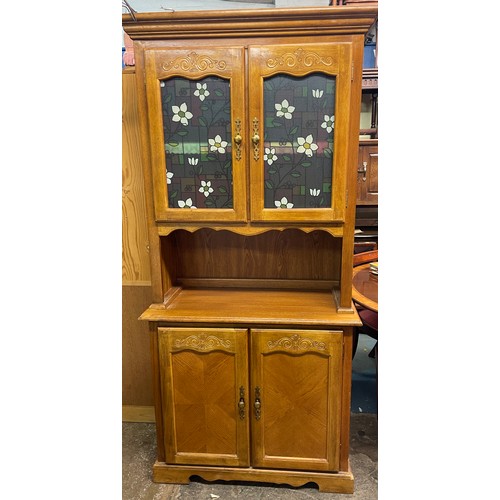 24 - OAK TWO DOOR KITCHEN DRESSER WITH GLAZED PANEL DOOR TOP