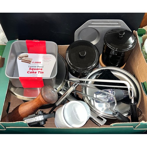 254 - CARTON - STAINLESS STEEL SAUCEPANS, CAKE TIN, STORAGE CANISTERS, PRESSURE CORK SCREW AND BOX OF VARI... 