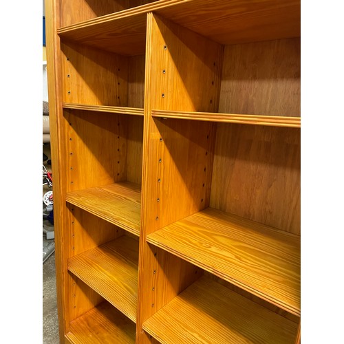 20 - GOOD QUALITY PINE UPRIGHT PIGEON HOLE BOOKCASE WITH TWO DRAWER BASE