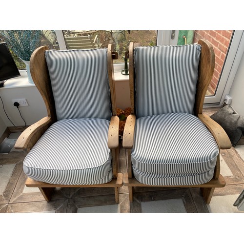 129 - RUSTIC ELM WING BACK CHAIRS WITH STRIPED PADDED CUSHIONS