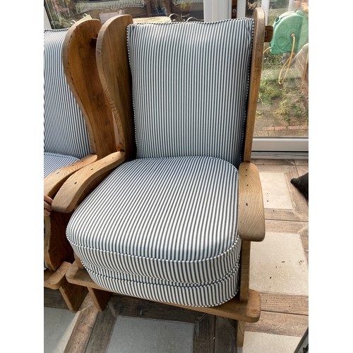 129 - RUSTIC ELM WING BACK CHAIRS WITH STRIPED PADDED CUSHIONS