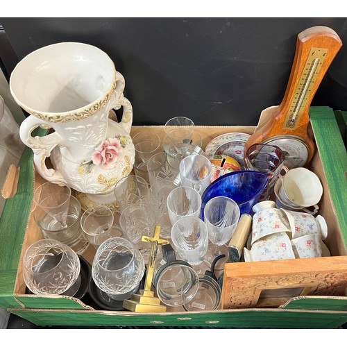 334 - TWO CARTONS OF GLASSWARE, CLOGS, SERVING TRAYS AND BAROMETER