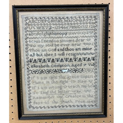 389 - SMALL BLACK AND WHITE NEEDLEWORK SAMPLER BY ELIZABETH COMPTON AGED 7, DATED 1845