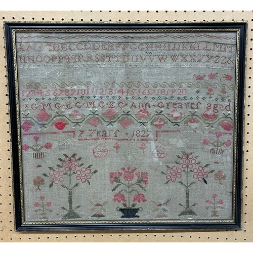 376 - NEEDLEWORK SAMPLER BY ANN GREAVER AGE SEVEN, DATED 1827 F/G