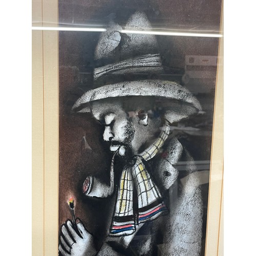 384 - PETER SIBEKO (1940-DEC.) CHARCOAL DRAWING OF A MAN LIGHTING PIPE F/G