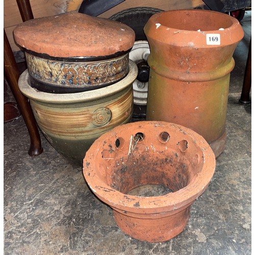 169 - PAIR OF STONE PLANTERS, TERRACOTTA CHIMNEY POT AND COWLING