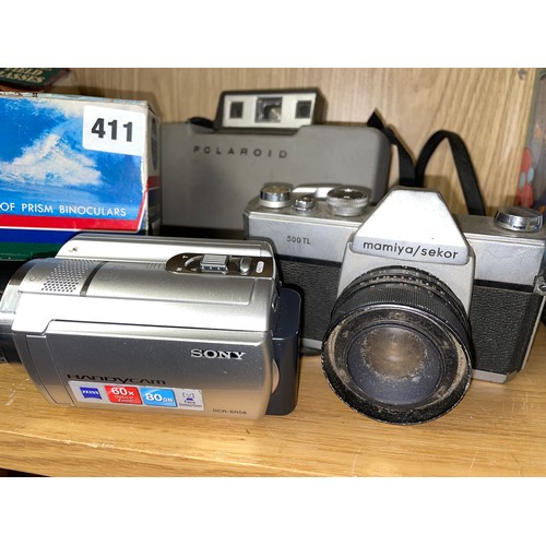 411 - SELECTION OF CAMERAS INCLUDING SONY HANDYCAM, POLAROID, AND VARIOUS FIELD GLASSES