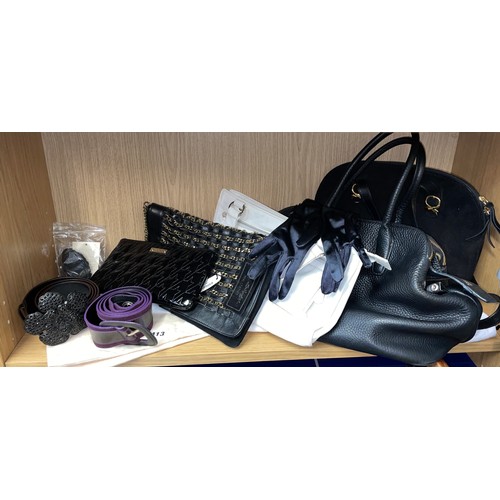 413 - SHELF OF LADIES HANDBAGS INCLUDING DKNY, BALLY, JAEGER